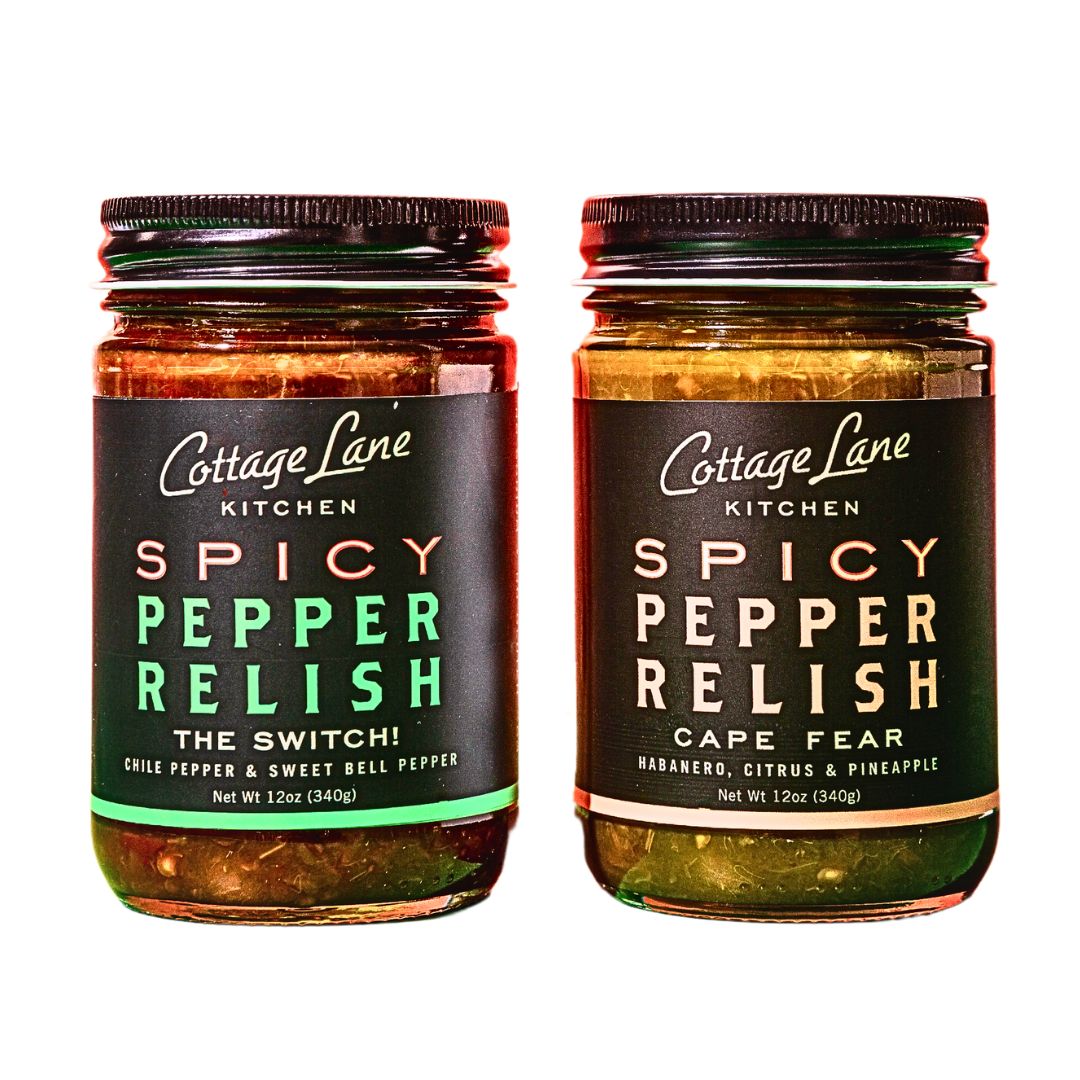 One bottle of The Switch and one bottle of Cape Fear Spicy Pepper Relish by Cottage Lane Kitchen