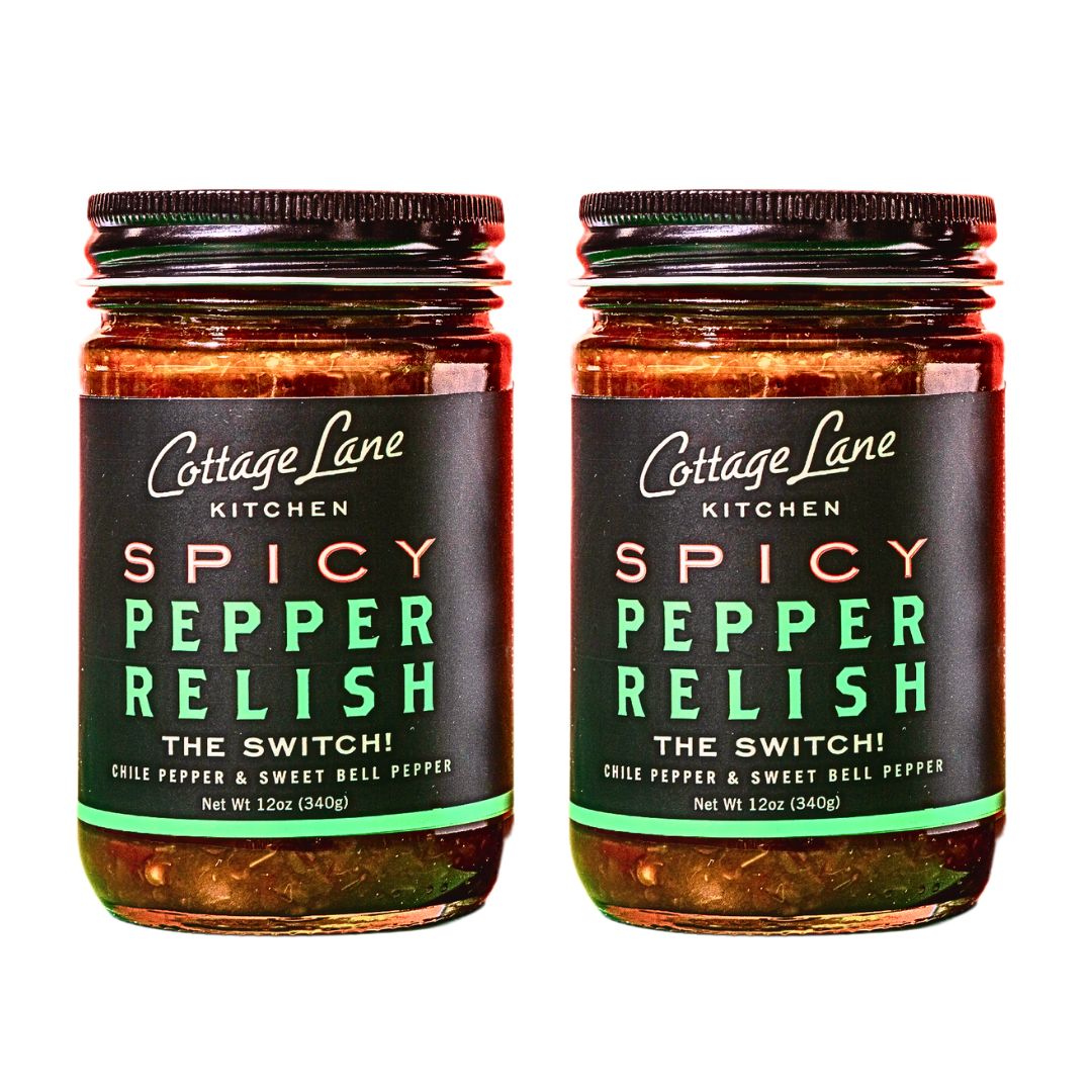 Two bottles of The Switch Spicy Pepper Relish from Cottage Lane Kitchen