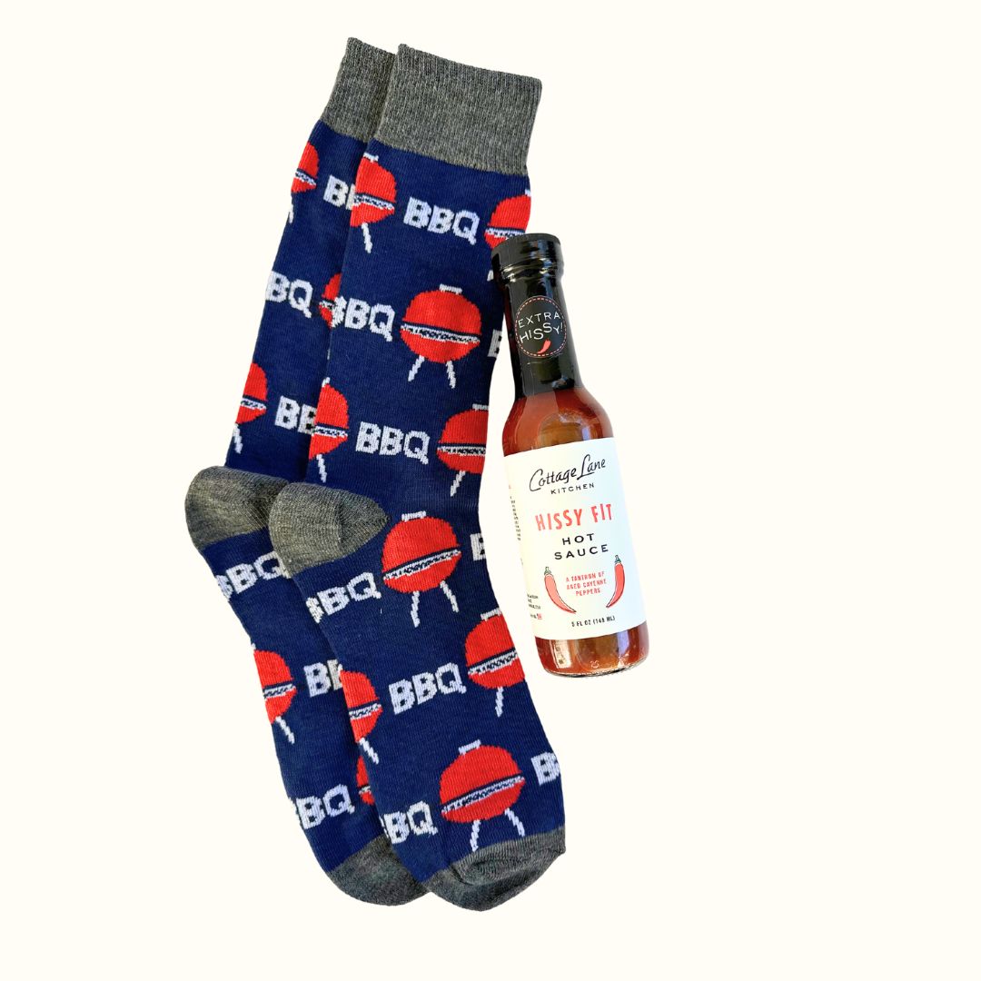 Hissy Fit Hot Sauce with Socks with BBQ written on them with red barbecue cookers on them 