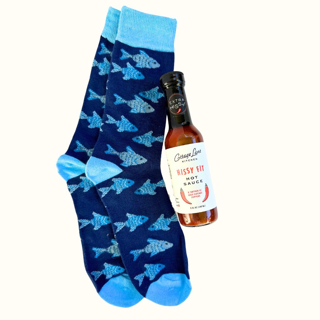Hissy Fit Hot Sauce with Socks with Fish on them