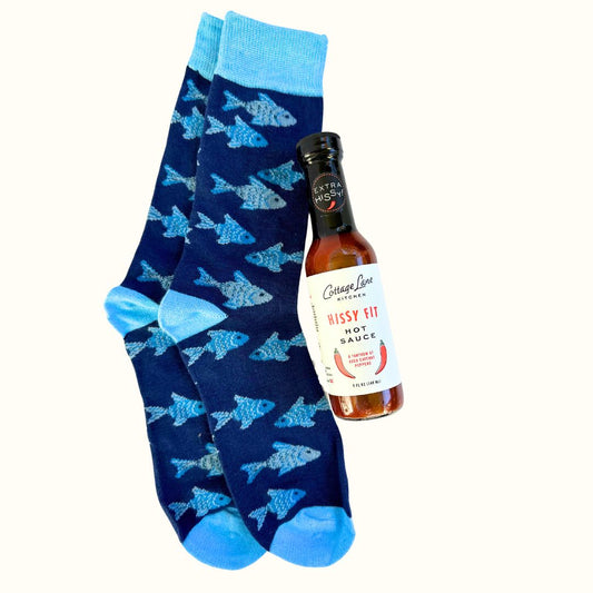 Hissy Fit Hot Sauce with Socks with Fish on them