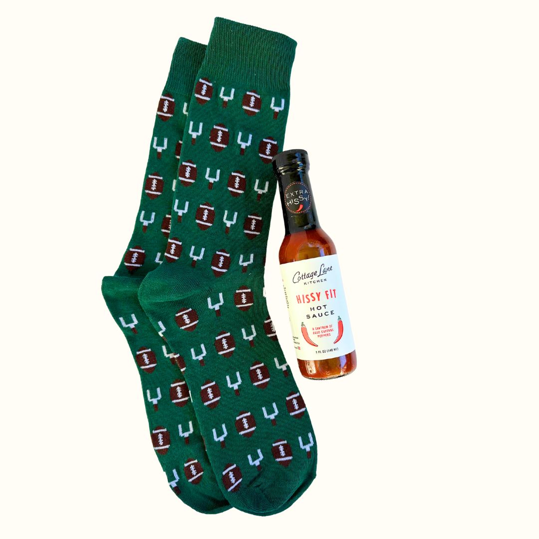 Hissy Fit Hot Sauce with Green Socks with Footballs and Goal Posts on them
