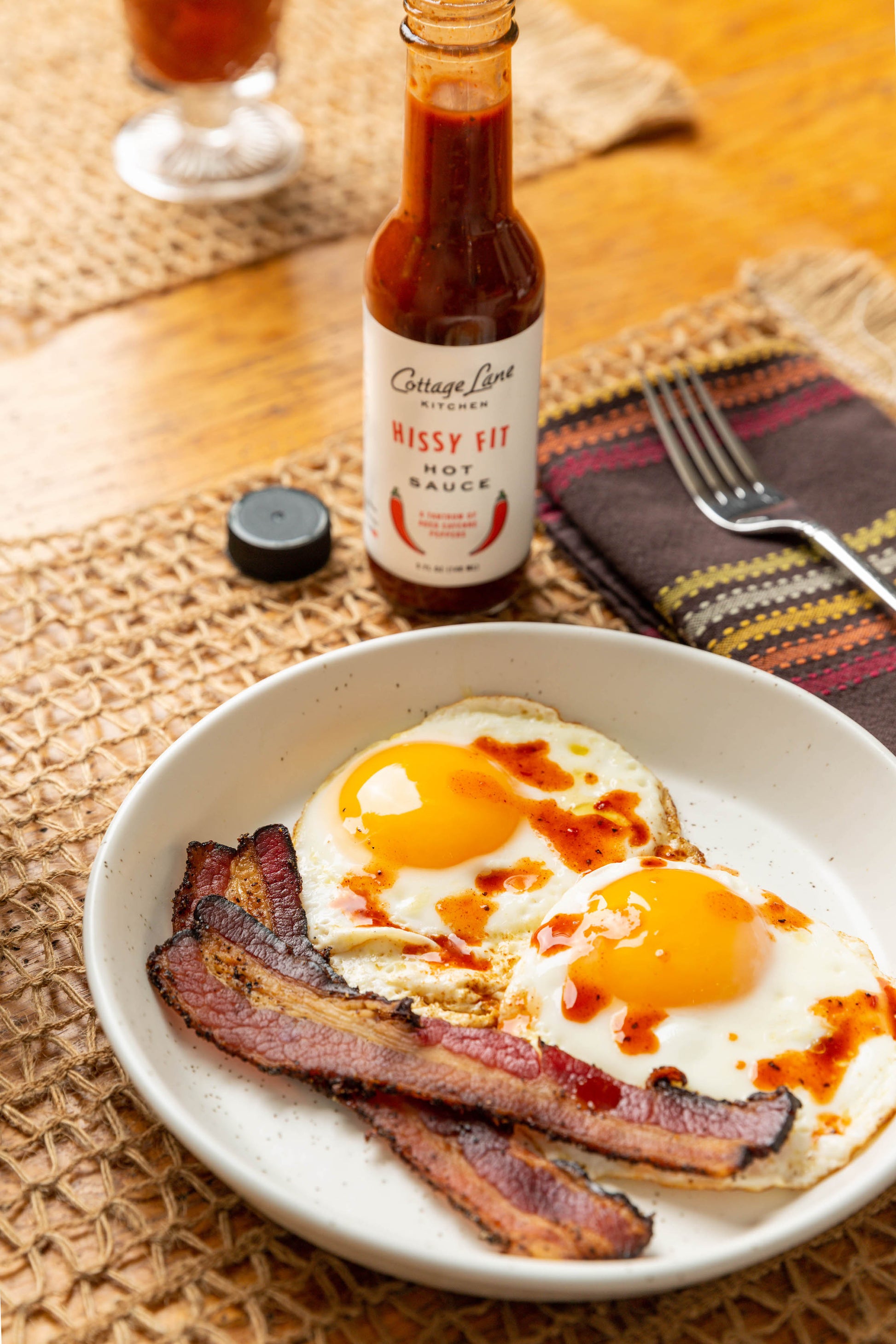 Eggs and Bacon with Hissy Fit Hot Sauce by Cottage Lane Kitchen