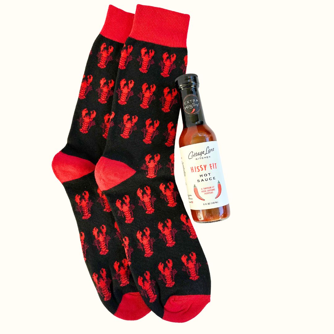 Hissy Fit Hot Sauce with Black Socks with Red Lobsters on them