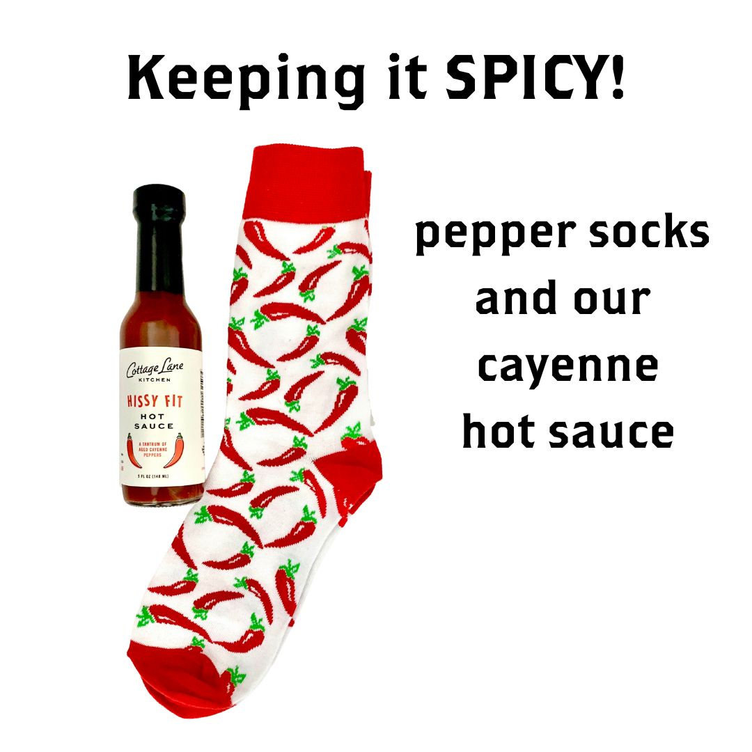 Hissy Fit Hot Sauce with White and red Socks with Red Chilli Peppers on them