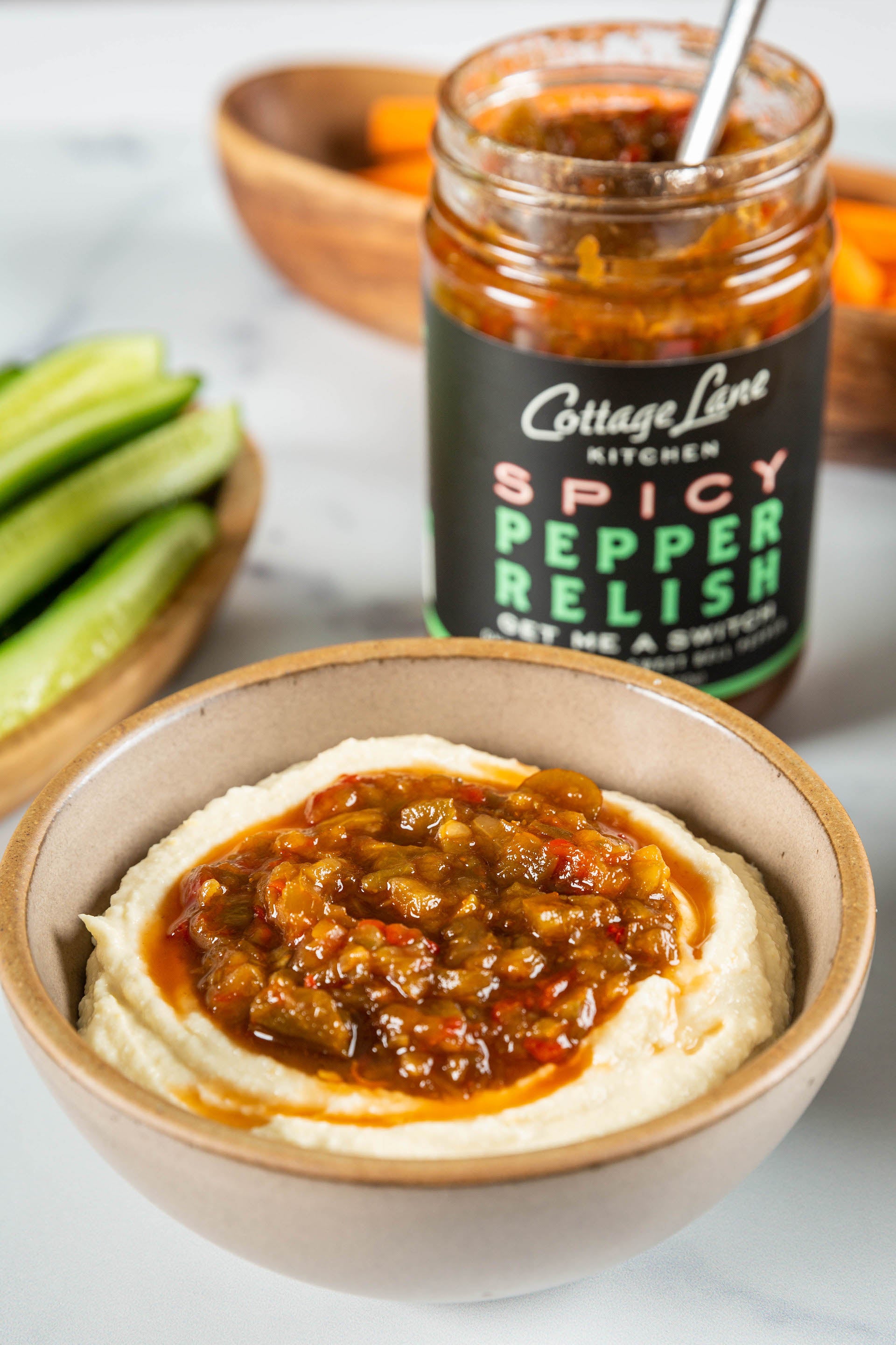 Get Me A Switch Spicy Pepper Relish on Hummus
