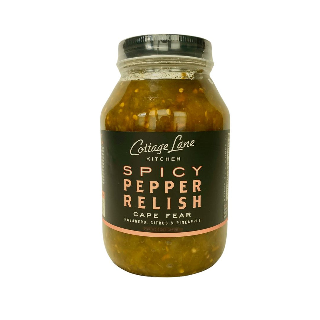 32oz bottle of Cape Fear Spicy pepper Relish by Cottage Lane Kitchen