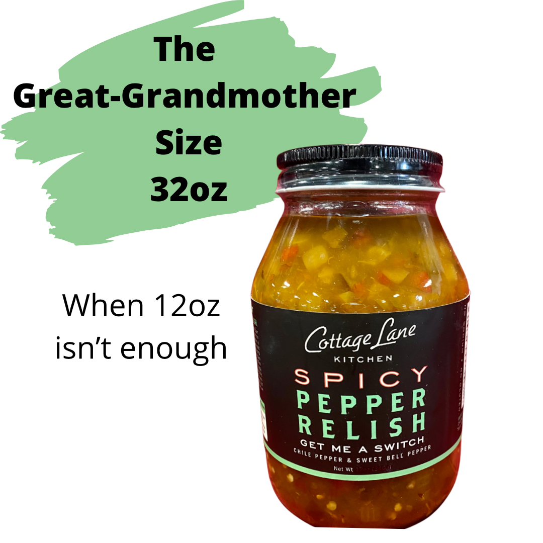 food service size 32oz bottle of Get Me A Switch spicy pepper southern relish by cottage lane kitchen