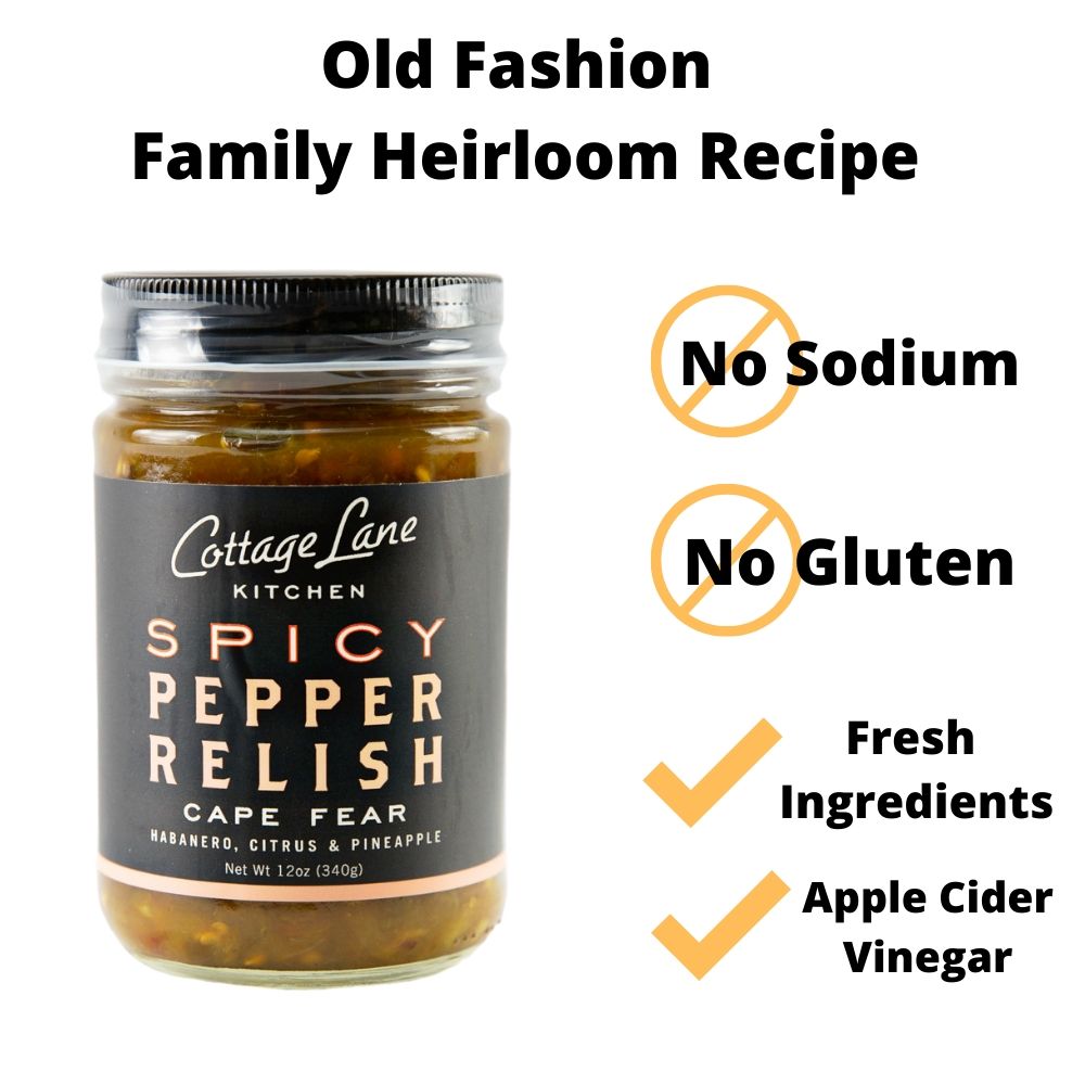 No Sodium No Gluten using an old fashion family heirloom recipe with fresh ingredients and apple cider vinegar in Cape Fear Spicy Pepper Relish