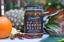 Cape Fear Spicy Pepper Relish 12oz bottle with fruit display