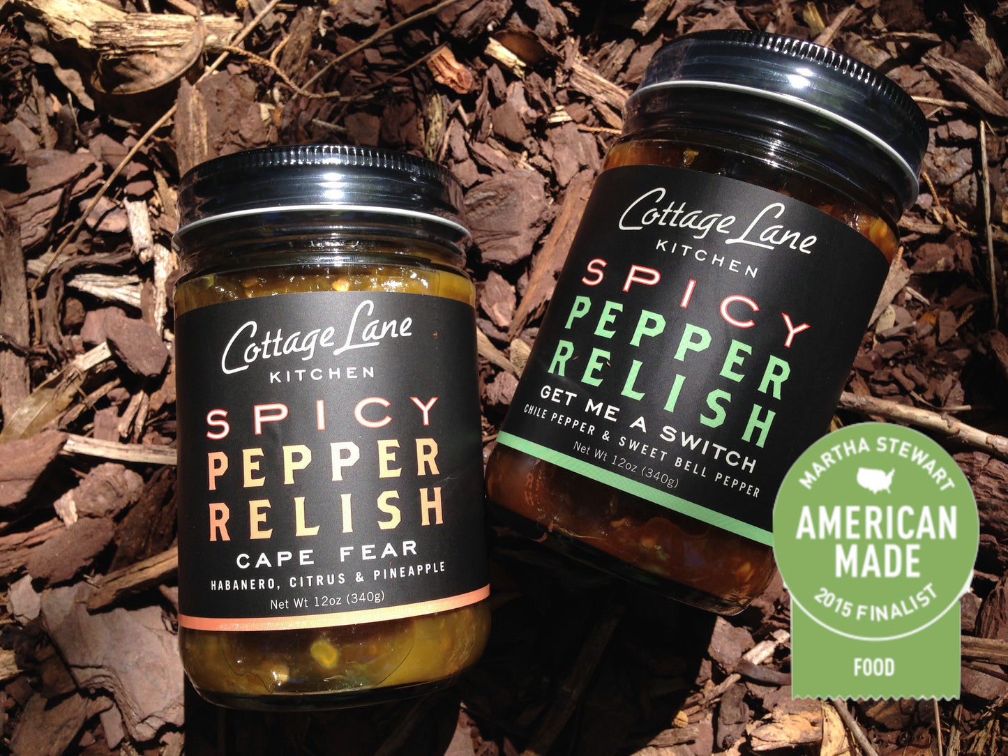 Photo of Cape Fear and Get Me A Switch Spicy Pepper Relishes with logo of 2015 Martha Stewart American Made Finalist in Food