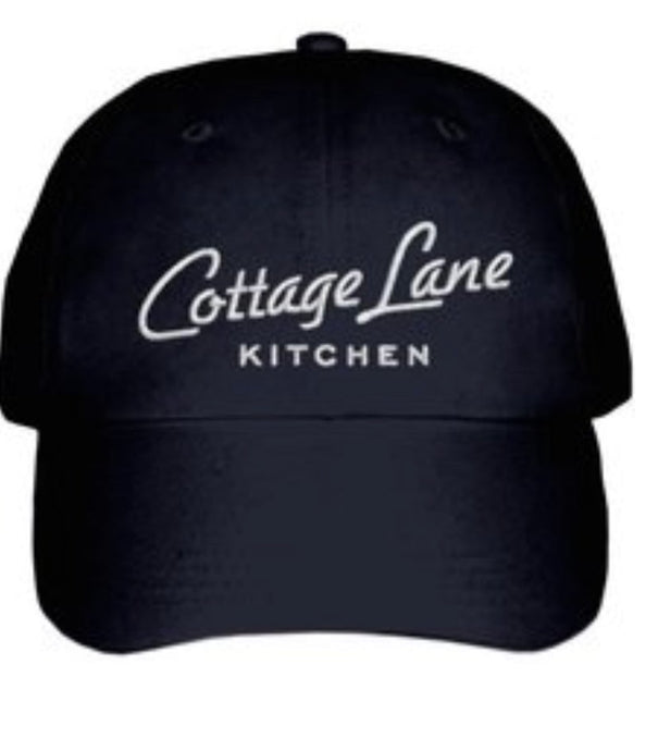 Black branded baseball hat with Cottage Lane Kitchen