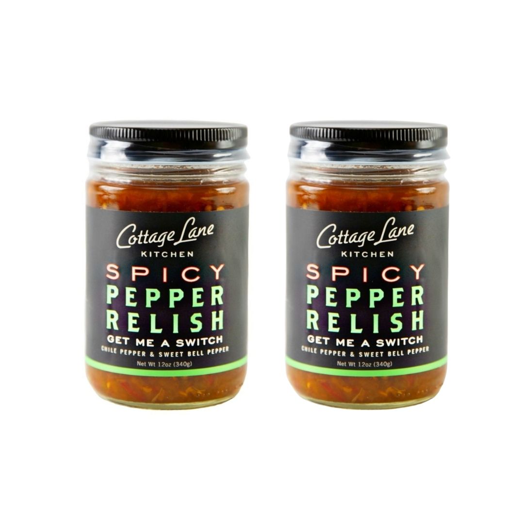Two bottles of Get Me A Switch Spicy Pepper Relish by Cottage Lane Kitchen