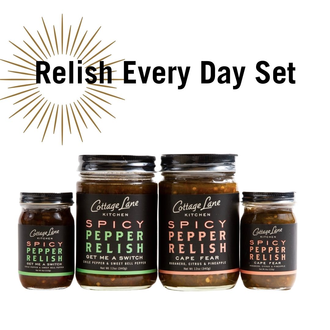 One 12oz bottle each and one 4oz bottle each of Cape Fear and Get Me A Switch Spicy Pepper Relish - Relish Every Day Set