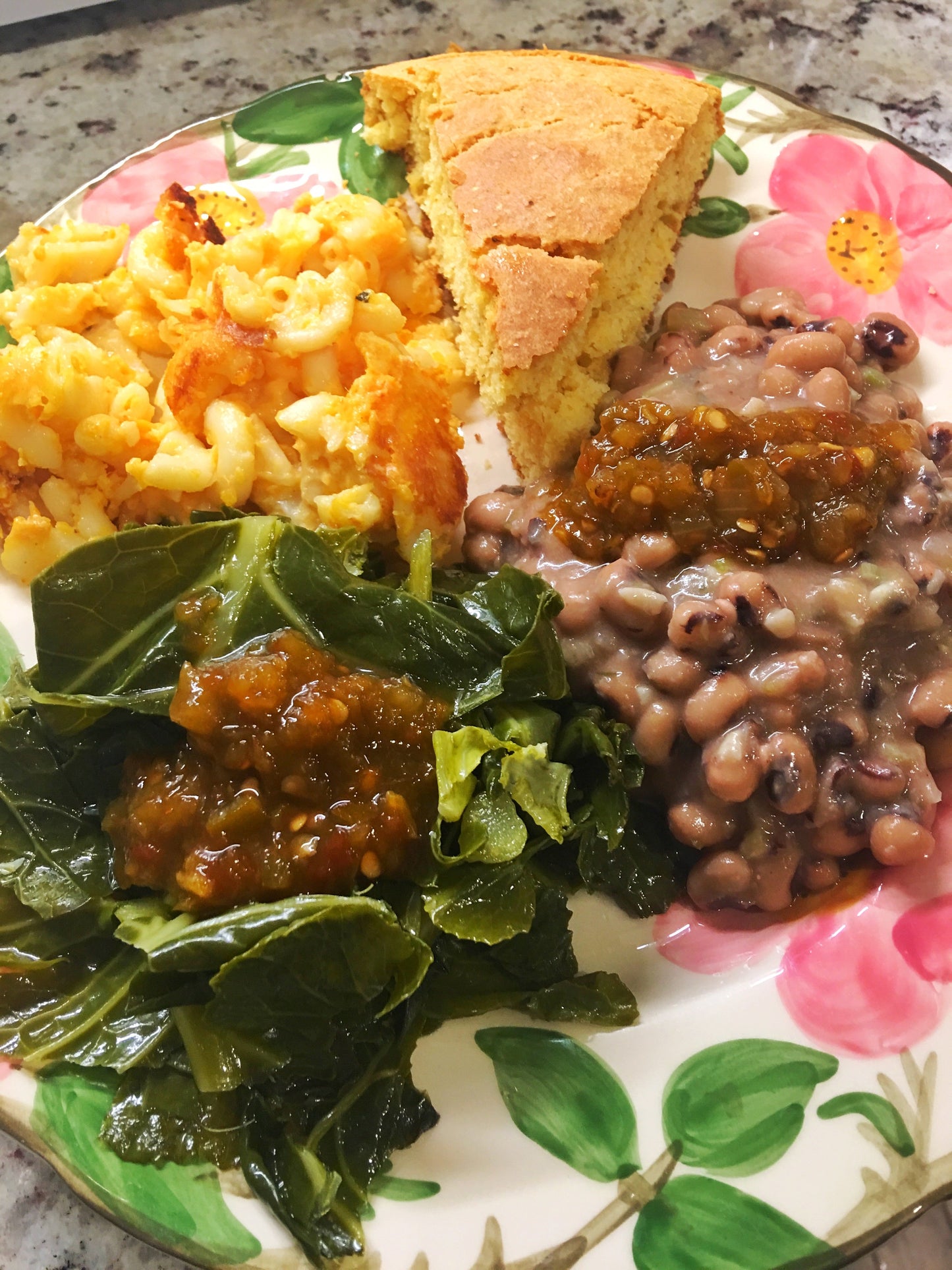 southern food of collards mac and cheese cornbread and black eyed peas with spicy pepper relish by cottage lane kichen