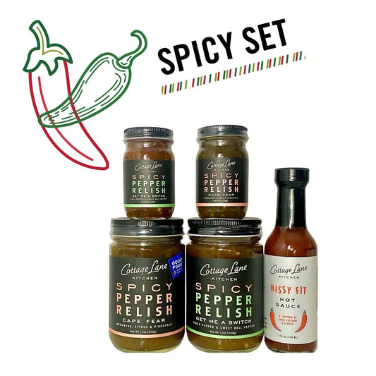 Large and small bottles of Cape Fear & Get Me A Switch Spicy Pepper Relish and a 5oz bottle of Hissy FIt Hot Sauce