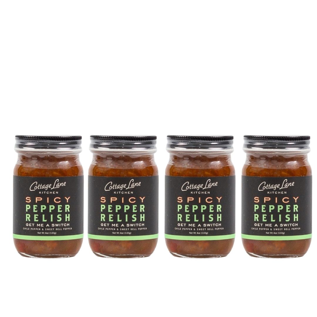 four 4oz bottles of Get Me A Swith Spicy Pepper Relish